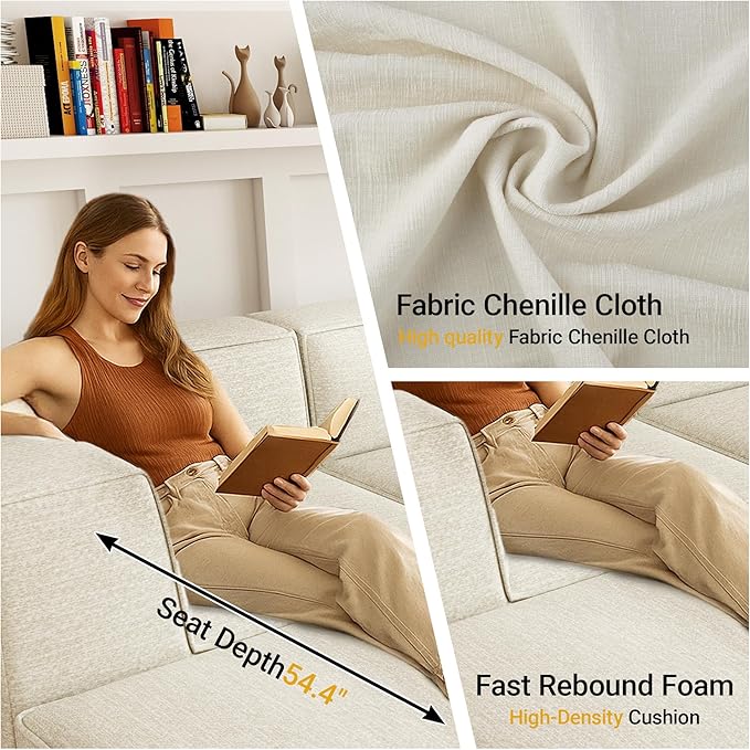 136" 6-Piece Sectional Sofa Modular Couches,L-U-Shaped with Chaise,for Living Room,Compressed Foam No Assembly,for Living Room (2xArmless Corner Ottoman) Fabric Chenille Beige