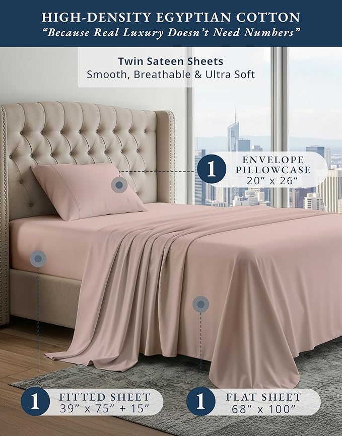 LANE LINEN Luxury 100% Egyptian Cotton Bed Sheets Twin Size, Fully Elasticized Reinforced 15 Inch Extra Deep Pocket Twin Sheets, Soft & Comfy Sateen Weave for Silky Finish - Sepia Rose