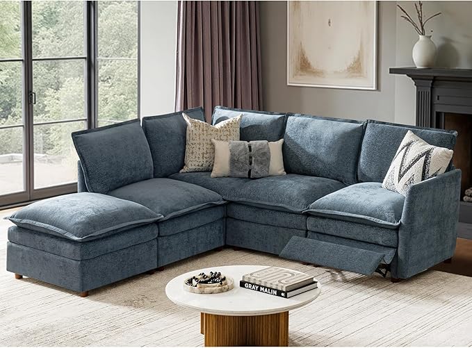 HULALA HOME 98'' Power Recliner Sofa with Dual-Layered Cushions, Oversized Modular Sectional Sofa L Shaped Couch with Storage Ottoman, 4 Seater Cloud Couch for Living Room, Blue
