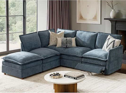 HULALA HOME 98'' Power Recliner Sofa with Dual-Layered Cushions, Oversized Modular Sectional Sofa L Shaped Couch with Storage Ottoman, 4 Seater Cloud Couch for Living Room, Blue