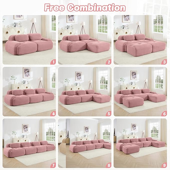 116" Modern Compressed Boneless Couch with Ottoman, 3 Seater Large U Shaped Sectional Couches for Living Room, Pink Corduroy Cloud Modular Sectional Sofa, Memory Foam, Extra Deep, No Assembly