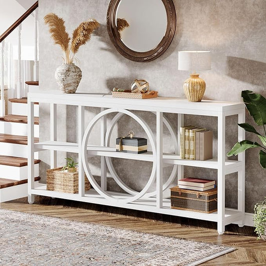 Tribesigns 70.9 Inch Extra Long Console Table for Entryway, Sofa Table Behind Couch with 3 Tier Wood Storage Shelves Industrial Metal Frame for Living Room Hallway Entryway, Pure White