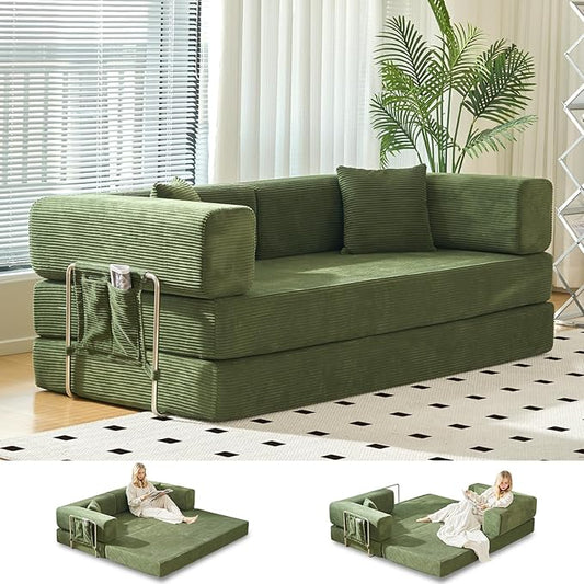 Folding Sofa Bed Convertable Corduroy Couch King Size Floor Sleeper 4-in-1 DIY Combination sofabed Fold Out Futon Lounge Comfy Foldable couches cama for Living Room (Green, 80.15")
