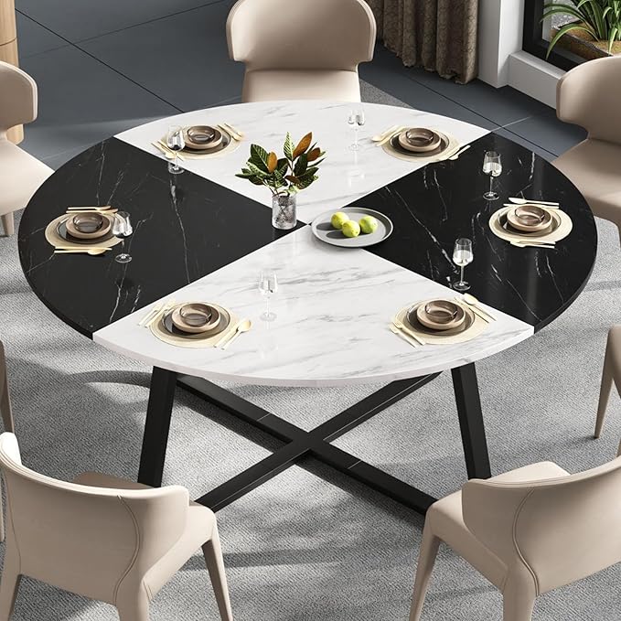 LVB Round Marble Dining Table for 4 Man, Modern 51-Inch Wood Dining Table,Farmhouse Large Kitchen Table with Metal Legs for Living Room, Home, Apartment,Black and White Marble