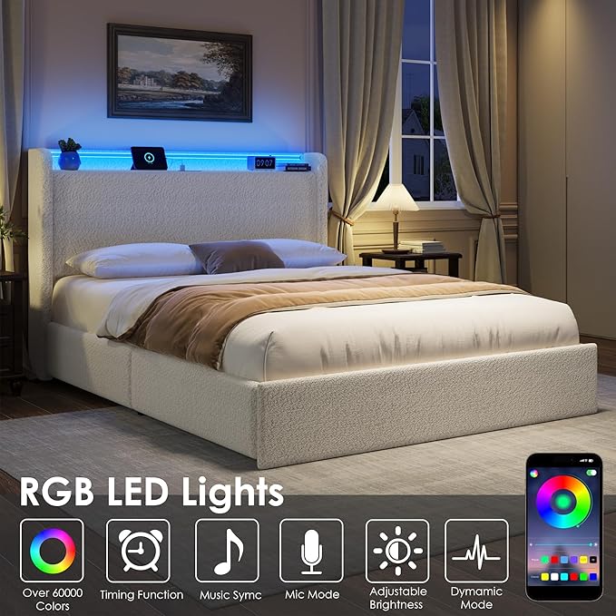 Full LED Bed Frame with 4 Storage Drawers and Storage Headboard, Soft Boucle Upholstered Platform Bed Frame with Charging Station and USB Ports, Solid Wood Slats Support, No Box Spring Needed, White