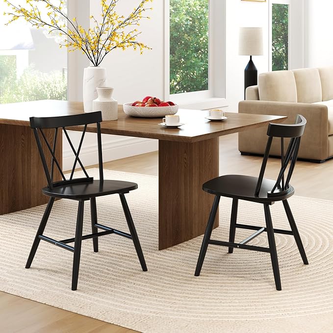Giantex Windsor Dining Chairs Set of 4, Farmhouse Wooden Kitchen Chairs w/Cross Back, Wide Seat, Rubber Wood Frame, Armless Side Chairs for Kitchen, Dining Room, Living Room, Restaurant, Black