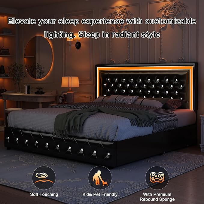 King Led Bed Frame with 4 Storage Drawers, Bed Frame with Led Lights No Box Spring Needed, 900 lbs Capacity, Easy Assembly, PU Black