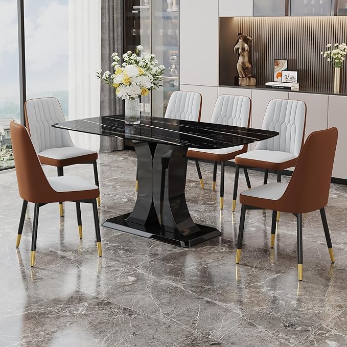 Modern Dining Table Set for 6, Marble Kitchen Table Chair Set for 6, Rectangular Kitchen Table with 6 Pu Leather Upholstered Chair for Dining Room