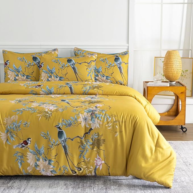 King Size Floral Comforter Soft Cute Floral Bedding Comforter Sets Garden Style Tree Branches Flowers Birds Print Botanical Comforter Set for All Seasons 1 Comforter and 2 Pillowcases