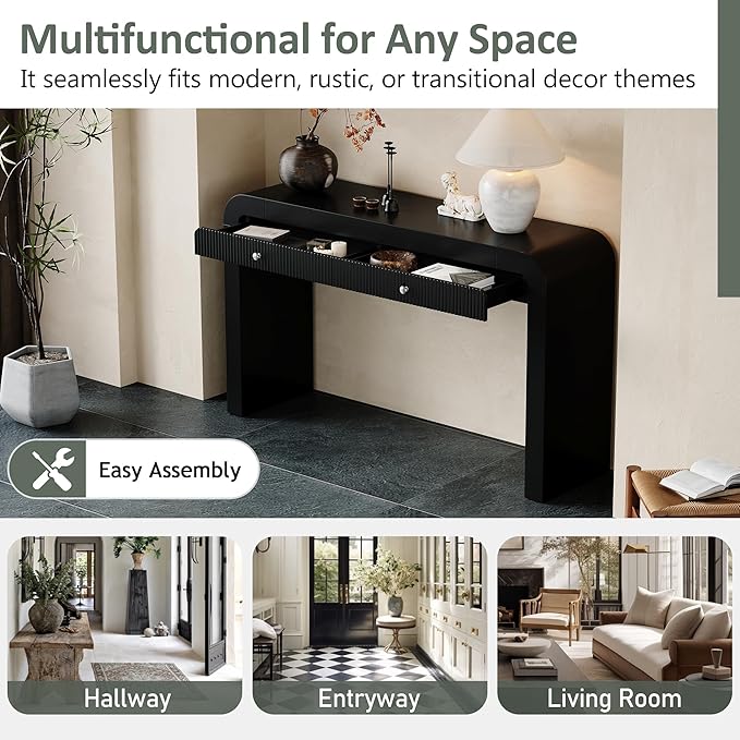 Merax Rustic Console Table with Fluted Drawer Front, Entryway Table with Curved Corners & Thick Legs, Sturdy Sofa Table for Hallway & Living Room, Black