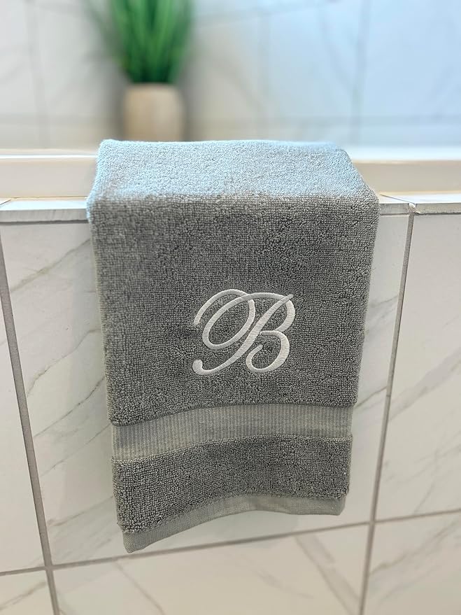 Gray Monogrammed Hand Towels for Bathroom - Luxury Hotel Quality Personalized Initial Embroidered Towel for Powder Room, Spa - GOTS Organic Certified - Set of 2 Silver Letter H