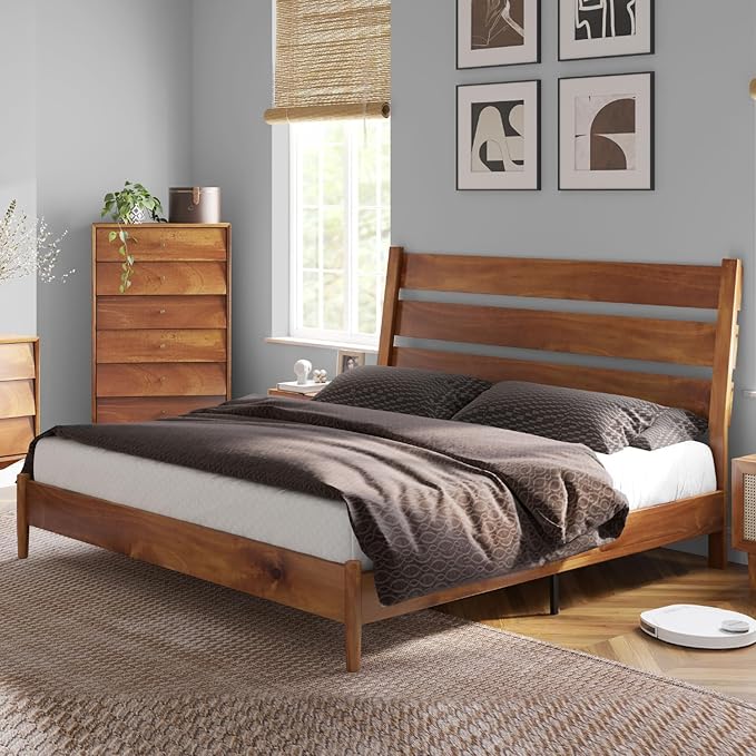 VanAcc Solid Wood King Bed Frame, Platform Bed with Reclining Slatted Headboard, Mid Century Bed with Wood Slat Support, Light Brown