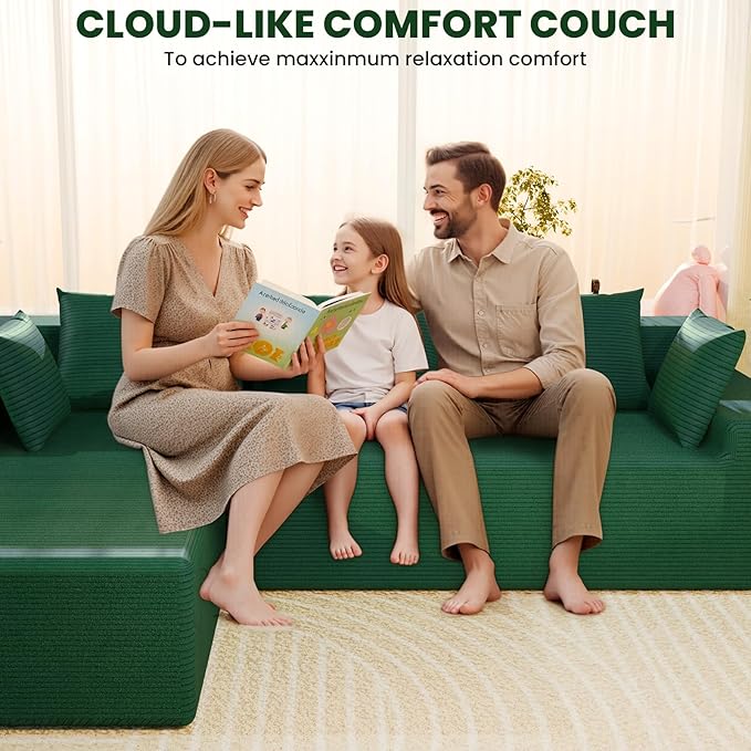 LEVELEVE 107" Cloud Sectional Couch with Deep Seat，Modern Modular Sofa with L-Shape Chaise，No Assembly Required, Upholstered Couches for Living Room Bedroom(Green,Left Facing Chaise)
