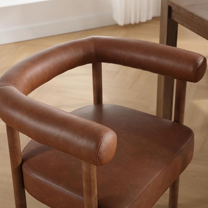PU Leather Dining Chairs Set of 6, Modern Upholstered Dining Chairs, Curved Backrest Kitchen Dining Room Chairs Accent Chairs Arm Chairs with Natural Wood Legs, Brown