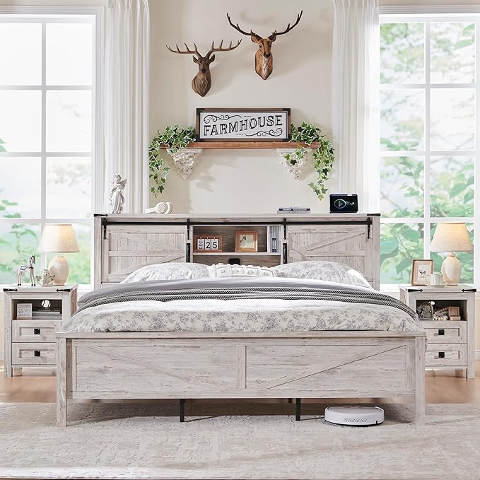 RedLemon Farmhouse King Size Bed Frame with Bookcase Headboard, Sliding Barn Door, Storage Cabinet, Charging Station, Wood Slats Support, No Box Spring Needed, Antique Brush White
