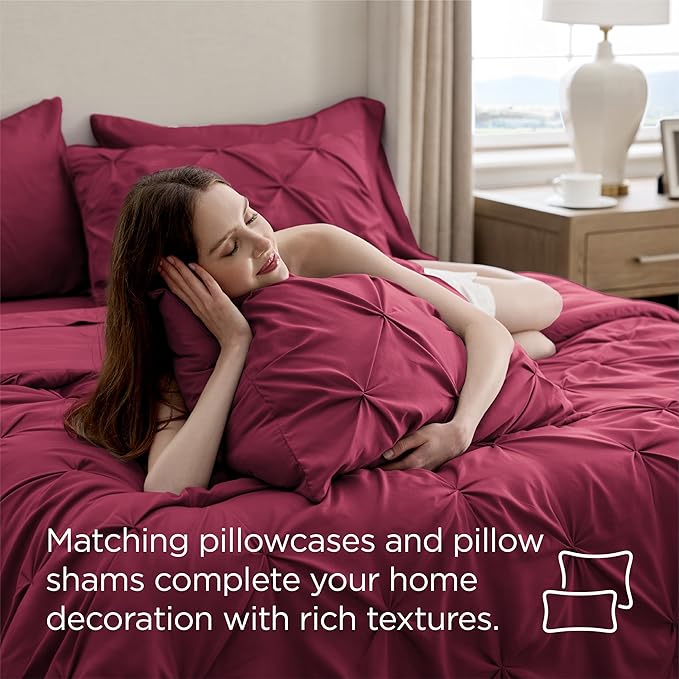 Bedsure Full Comforter Set Dark Red - Bed in a Bag Full Size Bedding Set 7 Pieces, GentleSoft™ Pintuck Bed Set Gift for Family, Pinch Pleat All Season Comforter with Sheets, Pillowcases & Shams
