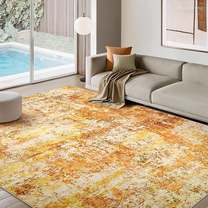 Washable Area Rugs 8x10 - Abstract Living Room Rugs Modern Neutral Soft Rug Stain Resistant Non-Slip Low Pile Large Carpet for Bedroom Dining Room Nursery Home Office - Orange/Gold