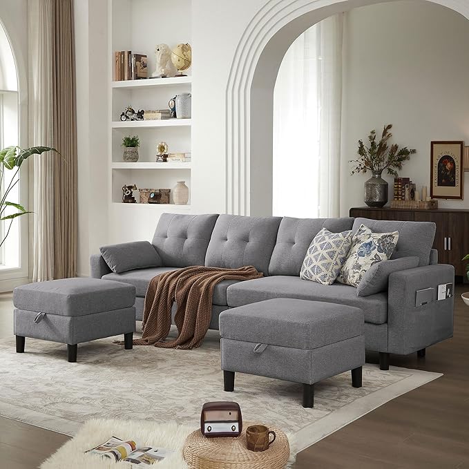 101" Convertible Sectional Sofa, Modern Linen Fabric U-Shaped Couch with 2 Storage Ottomans and Storage Pocket, 4 Seat Sofa Couches for Living Room, Apartment, Office, LightGrey