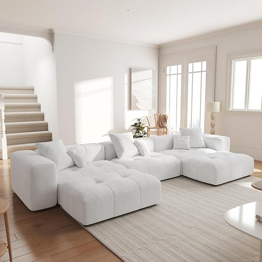 JACH 144.1 Inch U-Shaped Modular Sofa, Mid Century Modern Deep Seat Sectional Couch, 3-Seater Sofas with Chaise Ottomans for Living Room, Cozy Sofas for Apartment, Living Room (Linen Fabric, White)