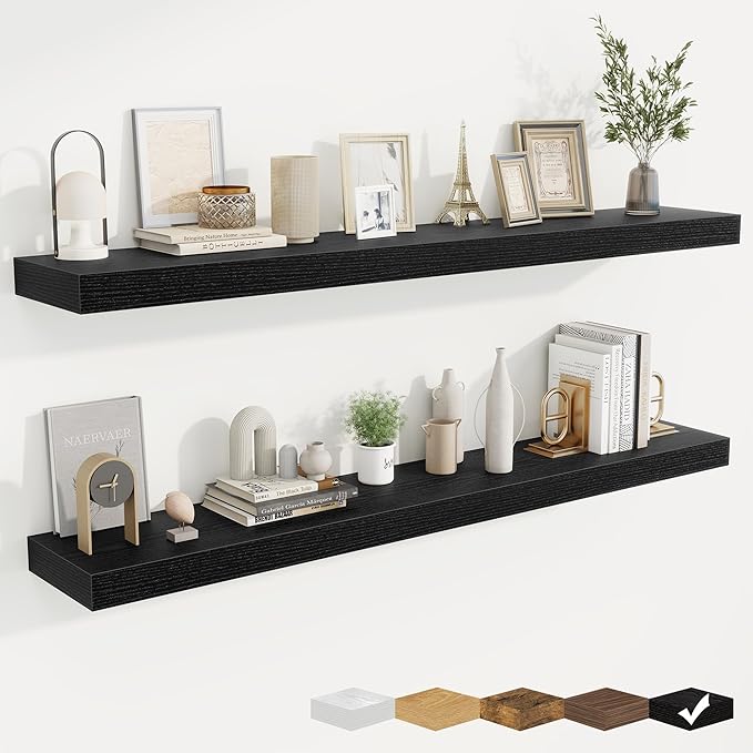 fuqing Floating Shelves for Wall, Wall Mounted Wood Floating Shelf with Invisible Brackets for Living Room, Bathroom, Bedroom, Kitchen Storage and Decor, 55 Inch Set of 2, Black