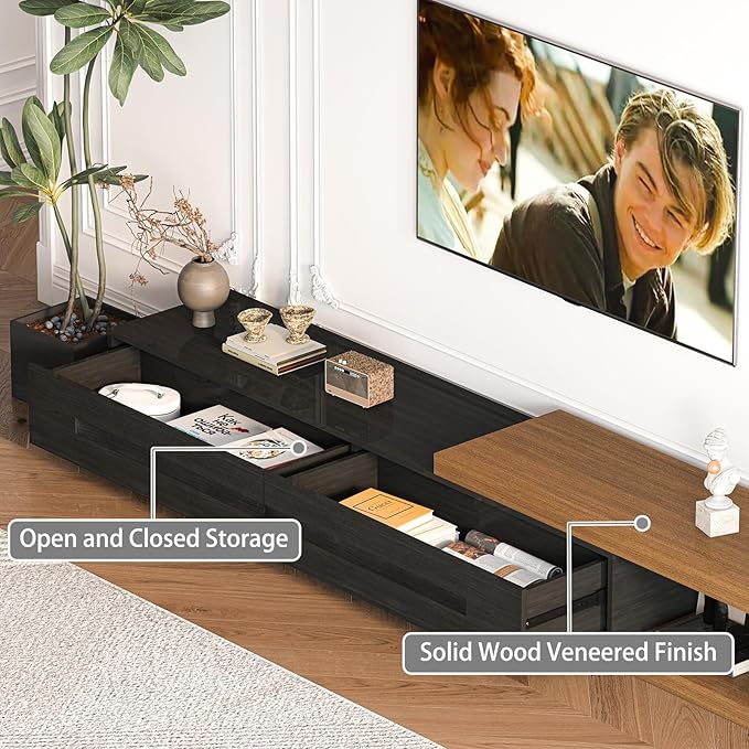 80’’-115’’ Extendable TV Stand for 120 Inch TV, Walnut Wood Modern Entertainment Center, Rectangle TV Console Table, Extendable, Black
