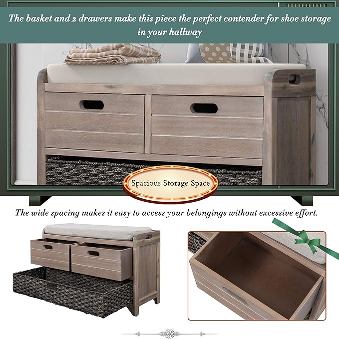 Fully Assembled Storage Bench with Cushioned Seat, 2 Drawers & Removable Basket, Solid Wood Entryway Shoe Bench for Bedroom, Hallway, Living Room (White Washed)