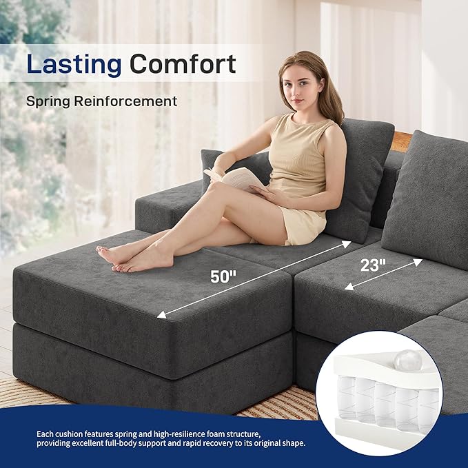 Living&Giving 128" U-Shaped Cloud Sectional Couch for Living Room, Cloud Boneless Couch-No Assembly with Reversible Chaise, Customizable 4-Seat Modular Sectional Sofa with 3 Ottoman,Dark Grey