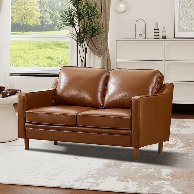 Kingfun 56" Faux Leather Sofa, Loveseat Couch, Mid Century Modern Love Seat Couches with Solid Wood Frame for Living Room & Bedroom, Dark Brown