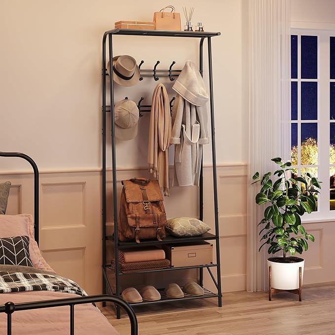 MDF Hall Tree with Bench, 4-in-1 Entryway Coat Rack with Storage Shelf & Shoe Organizer, Sturdy Freestanding Furniture for Living Room, Bedroom, Mudroom