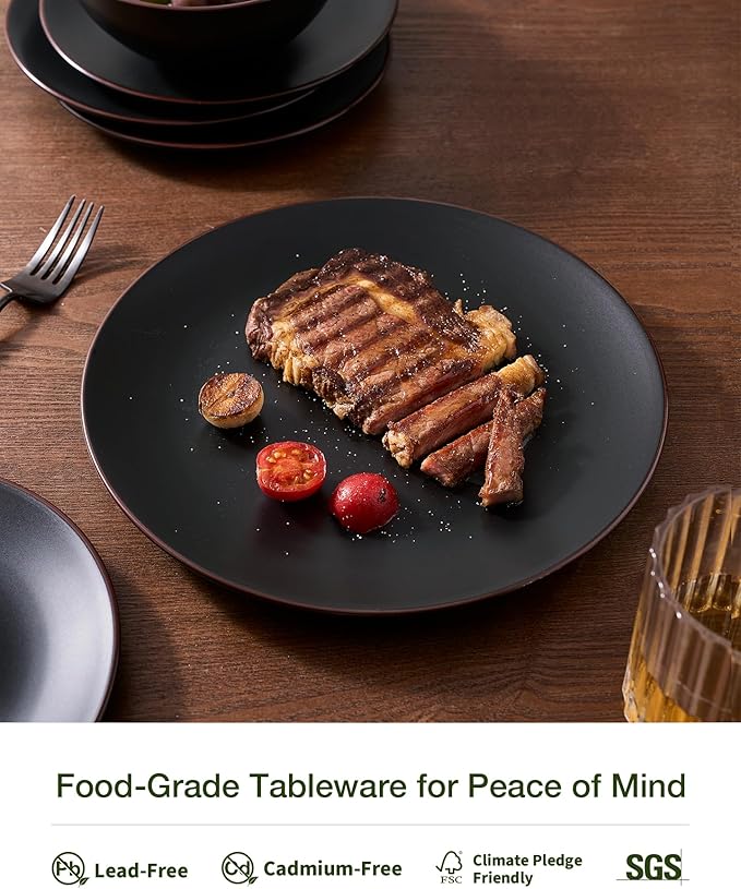 Famiware Venus Plates and Bowls Sets, 12 Pieces Stoneware Dinnerware Sets, Dishes Set for 4, Microwave and Dishwasher Safe, Matte Black