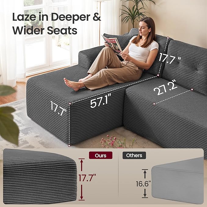VASAGLE 108.3 Inches Boneless Couch with Chaise, Modular Sectional Sofa, Modern Cloud Couch with Deep Seat, L-Shape Corduroy Sofa for Living Room, Left-Facing Chaise, Bedroom, Slate Gray ULCS181GN01