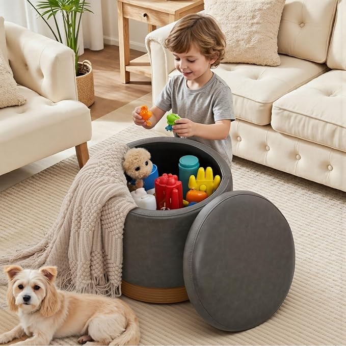 Round Ottoman with Storage,Swivel Vanity Stool-Leather Foot Rest,Upholstered Footstool Pouf with Sturdy Wooden Frame(500 Lb),Small Coffee Table & Hidden Storage Ottoman for Living Room