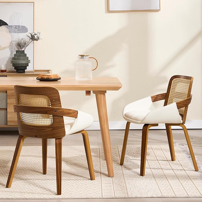 DUOMAY Modern PU Leather Dining Chairs Set of 4, Cane Back Room Chairs with Solid Wood Legs Kitchen Chairs for Living Room, Restaurant, White