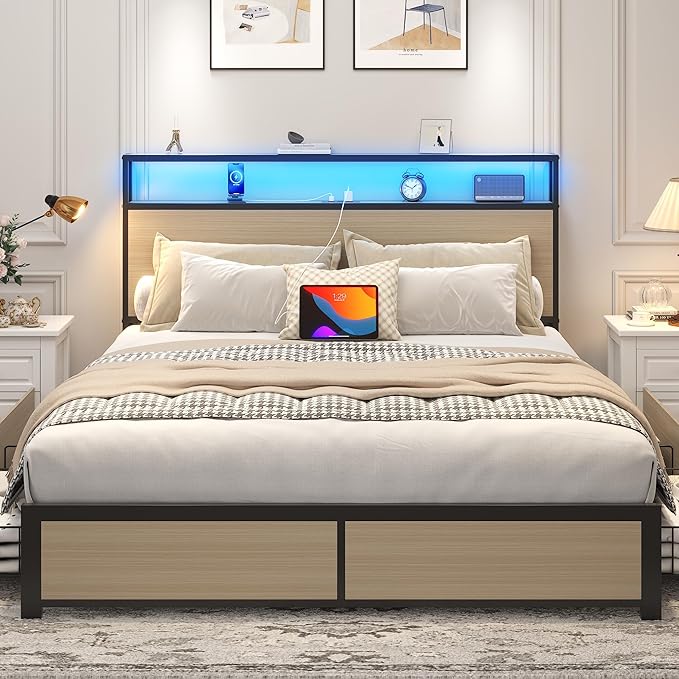 Lifezone Queen Bed Frame with 2-Tier Storage Headboard, Metal Platform Bed Frame with 4 Storage Drawers, Built in Charging Station & LED, Noise-Free/Metal Support/No Box Spring Needed, Beige