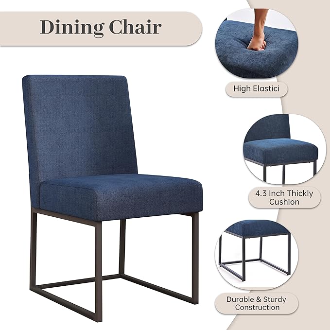 VKNOW Upholstered Dining Chairs Set of 4, Modern Dining Room Chairs, Linen Kitchen Chair Dinner Chair with Black Metal Base for Kitchen Office, Blue-Unstriped