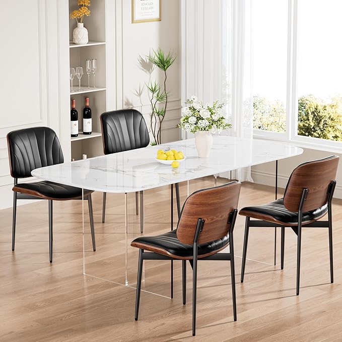 Dining Chairs Set of 4, Mid-Century Modern Upholstered PU Leather Chairs with Walnut Bentwood Back and Metal Legs Adjustable Feet for Kitchen Dining Room, Black Shell Strips