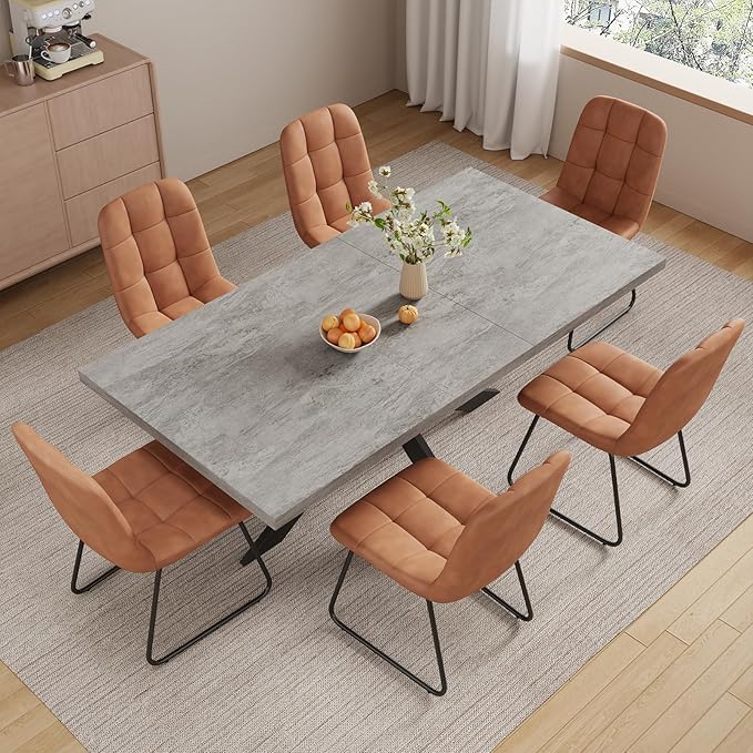 ZckyCine 7-Piece Dining Table Set, 6-Person Modern Rectangular Wooden Expandable Dining Table and 6-Person Leather Dining Chairs, 6-Person Kitchen Table and Chairs, Perfect for Kitchen Dining