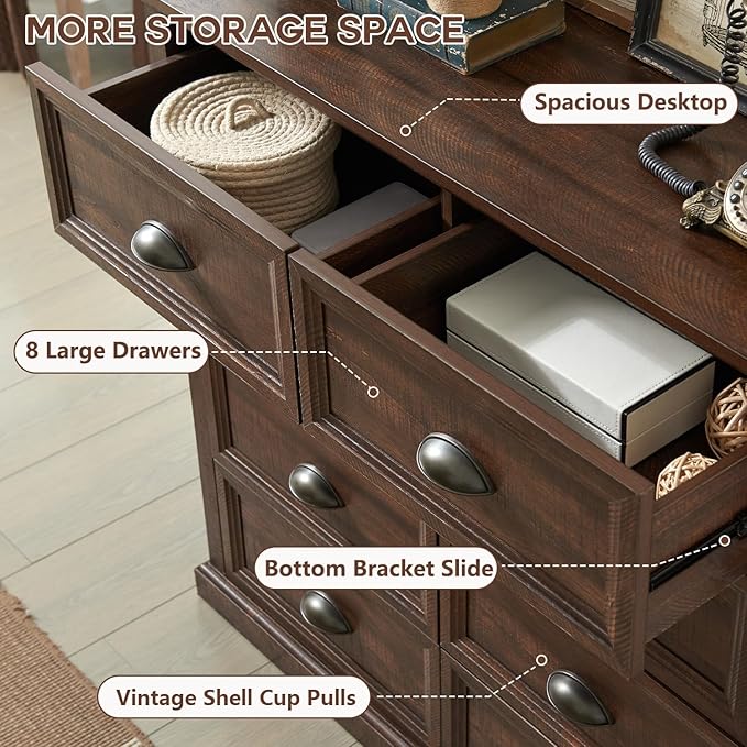 Farmhouse 8 Drawer Dresser for Bedroom, 39" Tall Dressers & Chests of Drawers, 42" Wide Dressers Organizer Storage, Wood Rustic Bedroom Dresser for Closet, Living Room, Hallway, Brown
