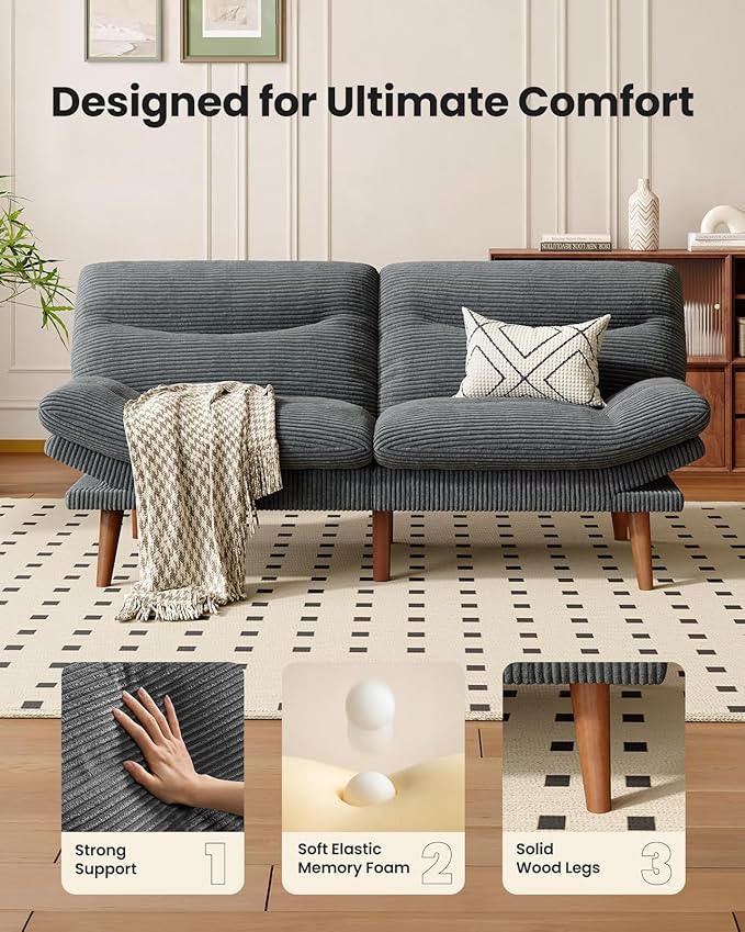 Amada 66" Convertible Futon Sofa Bed, Corduroy Folding Futon Set with Adjustable Backrest &Armrests, Recliner Lounge for Living Room, Apartment or Office, Solid Wood Frame, Loveseat Sofa - Grey