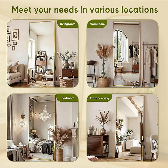 Full Length Mirror, 71"x32" Full Body Mirror, Floor Mirrors with Stand, Body Mirrors Standing Hanging Leaning Against Wall,Aluminum Frame Mirrors for Bedroom Cloakroom,Living Room,Gold
