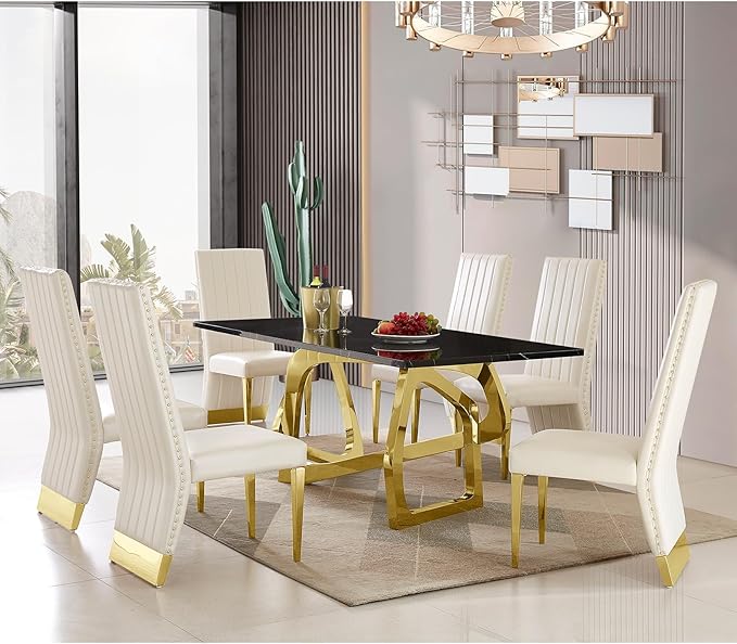 AUZ White Dining Chairs Set of 8, White Leather Upholstered Dining Room Chairs with Nailhead Trim, Luxury Dining Chairs with Polished Gold Metal Legs