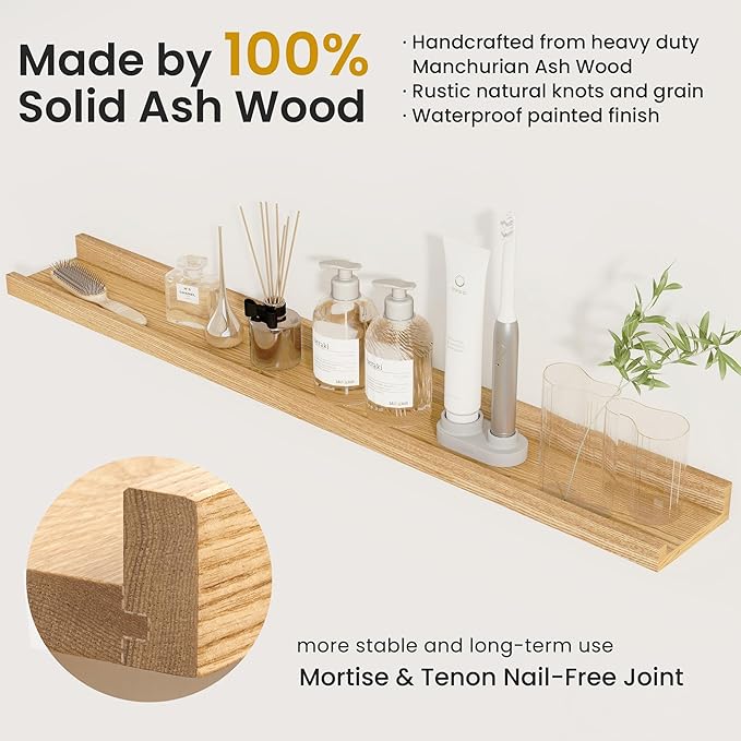 Solid Ash Wood Picture Ledge Shelf, Floating Shelves Set of 2, 56 Inch Long Large Ledge Shelves, Nursery Book Shelves Wall Mounted for Living Room Bedroom Kitchen Decor Kids Bookshelf, Natural