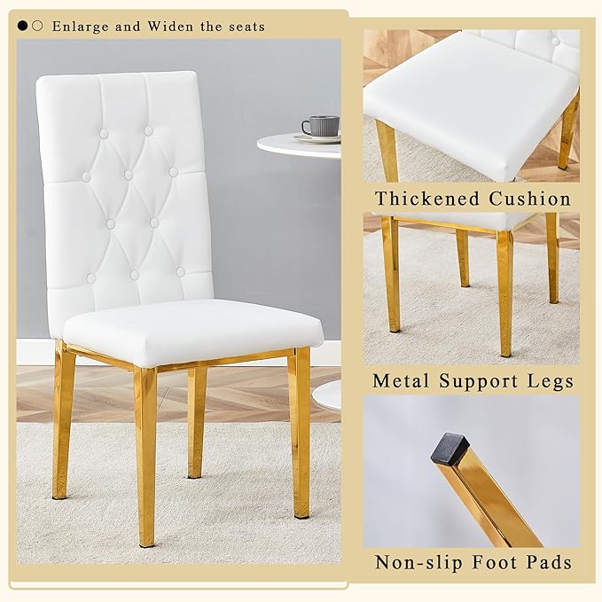 63" Modern Dining Table Set for 4, White Dining Room Set for 4, Tempered Glass Kitchen Table and PU Leather Chairs, Marble Pattern Top with Sturdy Gold Chrome Base