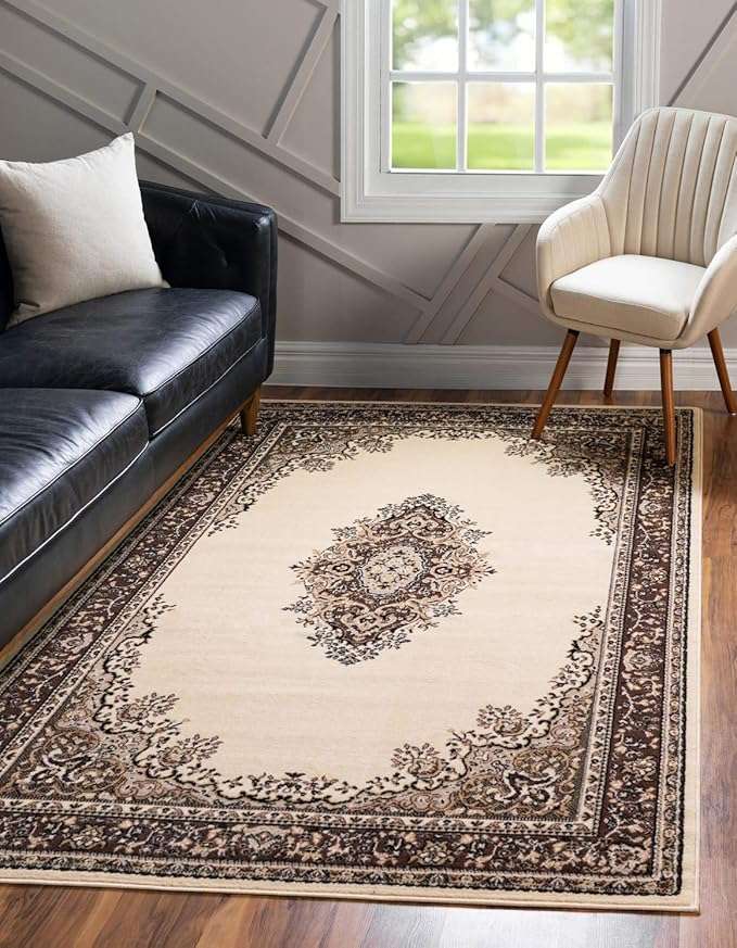 Unique Loom Reza Collection Traditional Persian Style Area Rug, 6 x 9 ft, Ivory/Brown