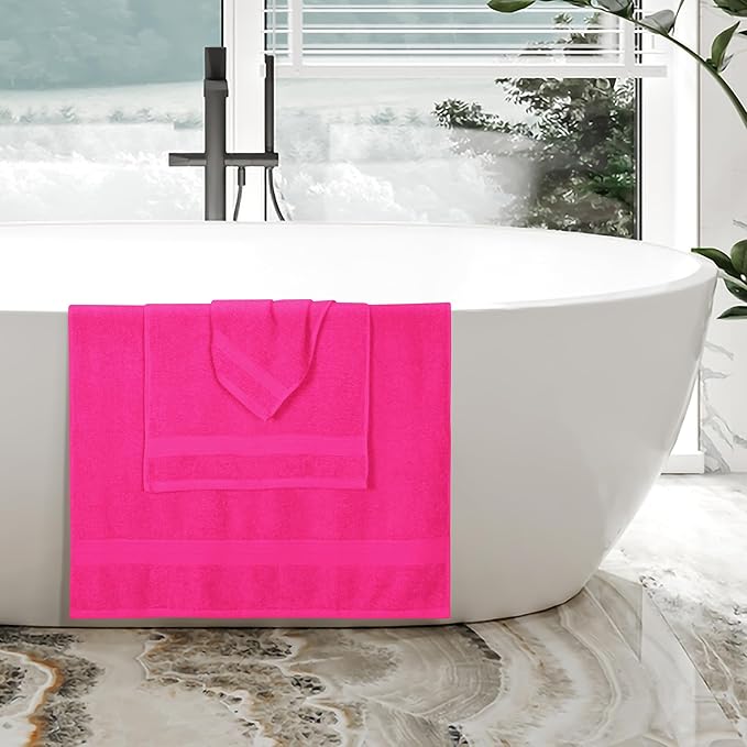 BOUTIQUO Ultra Soft 3 Pack Cotton Towel Set, Contains a Bath Towels 27x54 inch, a Hand Towels 16x24 inch & a Wash Coths 12x12 inch, Ideal Everyday use, Compact & Lightweight - Hot Pink