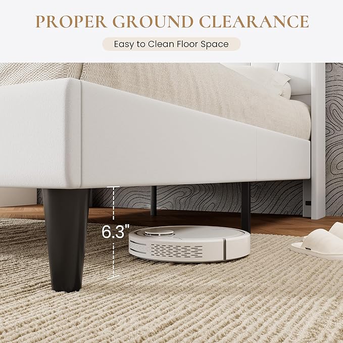 SHA CERLIN Full Size Bed Frame with Charging Station and LED Lights, Modern Velvet Platform Bed with Upholstered Geometric Wingback Headboard, No Box Spring Needed, Easy Assembly, White