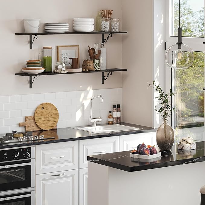 DINZI LVJ Long Wall Shelves, 47.3" Large Floating Shelves Set of 2, Farmhouse Display Shelf Wall Mounted with Heavy Duty Brackets, Easy Assembly for Kitchen, Bathroom, Bedroom, Balcony, Espresso