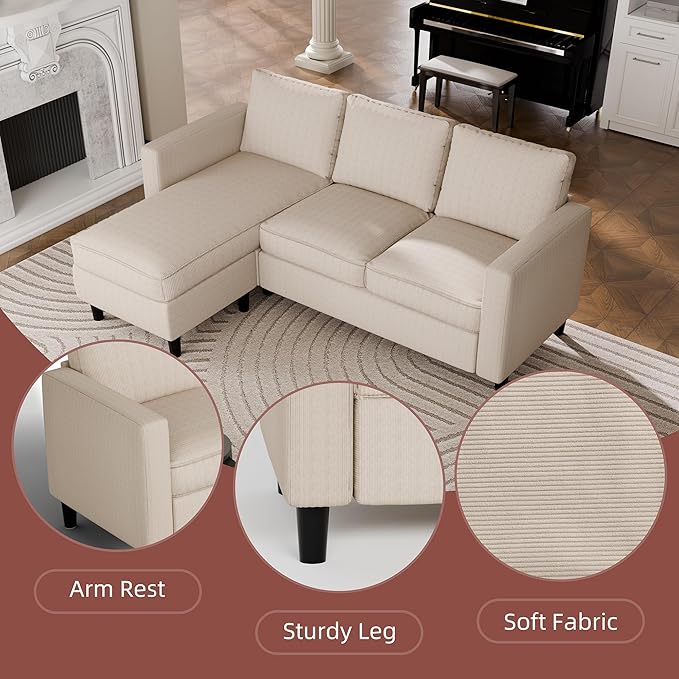 JAMFLY Sectional Sofa Couch Convertible L Shaped Sofas with Ottoman Small Sectional Couches for Living Room, 3 Seater Couch for Small Spaces, Khaki