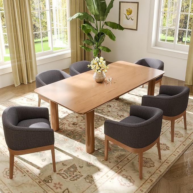 Mid-Century Modern Charcoal Dining Chairs Set of 6, Linen Upholstered Kitchen Dining Room Chairs with Wood Legs, Curved Backrest Armchairs, Charcoal