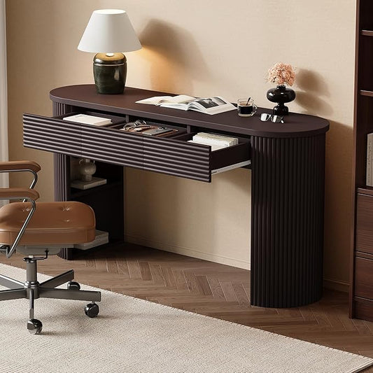 Merax Modern Retro Entryway Table, Rounded Console Table with3 Drawers and Open Hidden Storage for Living Room, Hallway and Office, Espresso